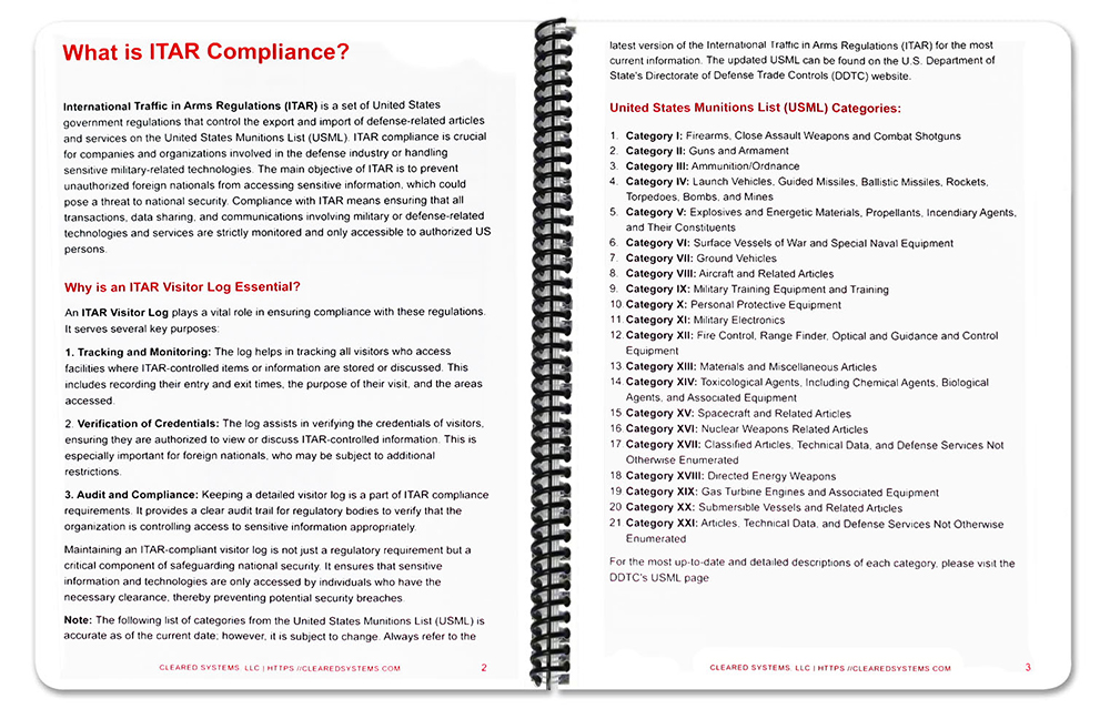 ITAR Compliant Visitor Log Book – 8.5 x 11 inch Visitor Entry Book 100 Pages Meets ITAR Requirements Visitor Sign in Book Log for DIB, Aerospace & Federal Contractors