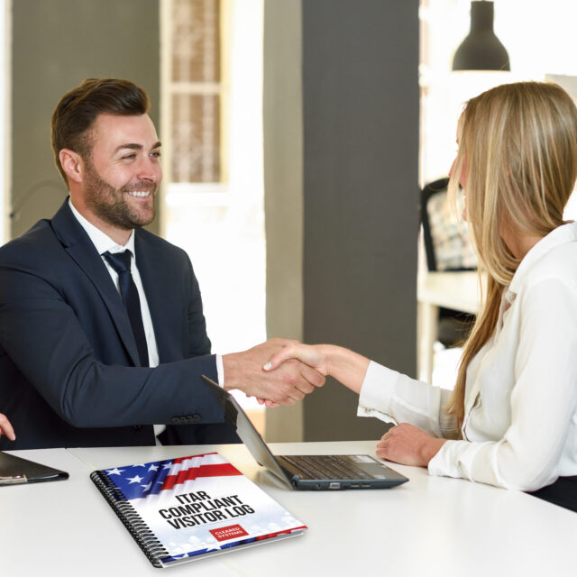ITAR visitor log with people shaking hands