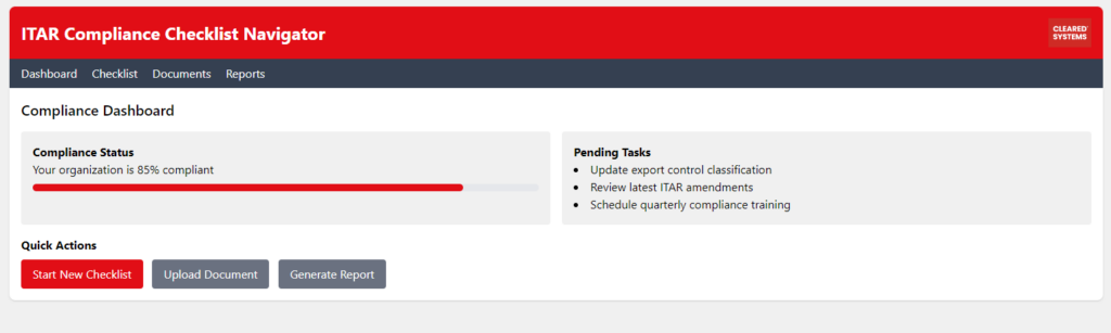 ITAR Compliance Checklist Dashboard